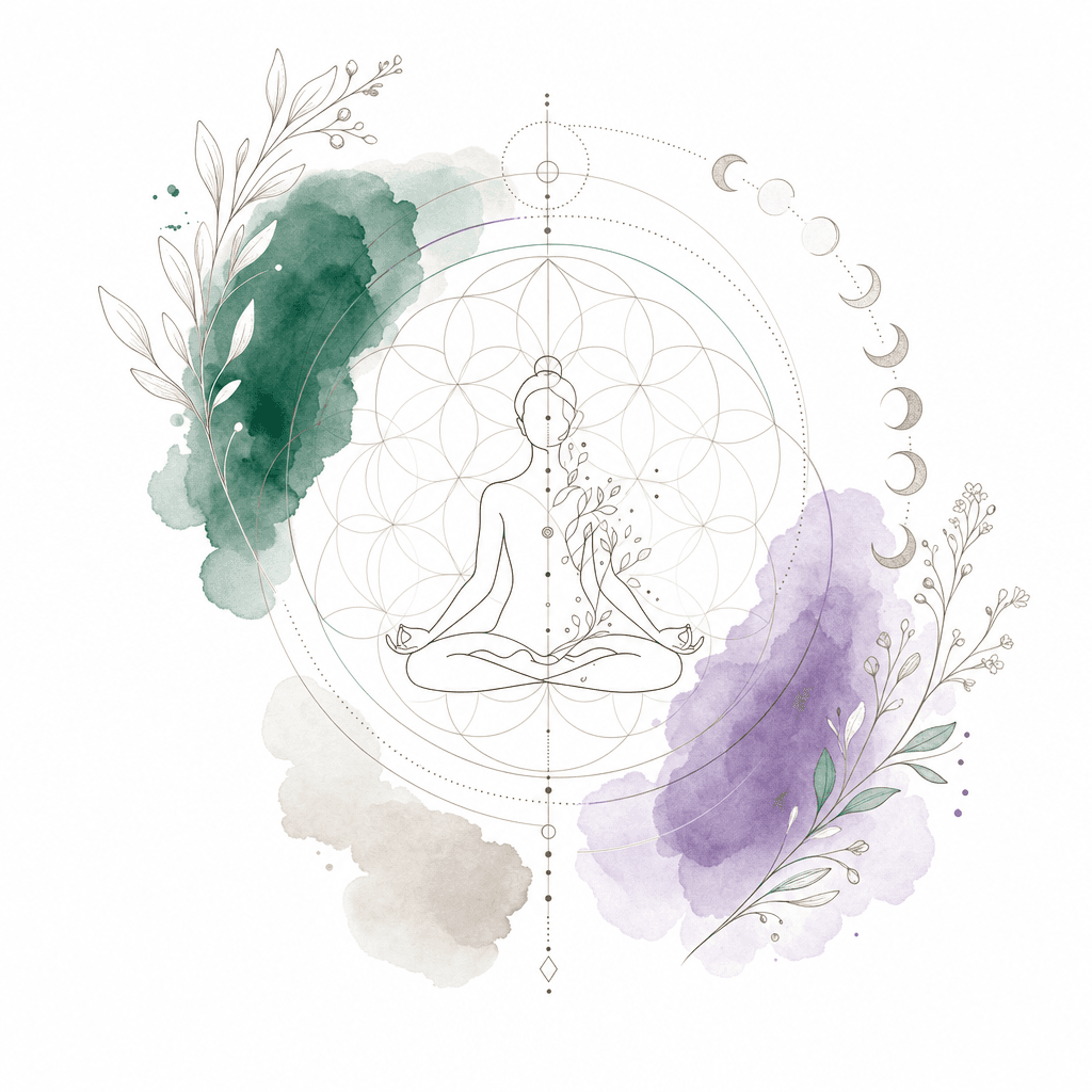 Illustration d’une personne en méditation au centre d’une fleur de vie, aquarelles vertes et violettes